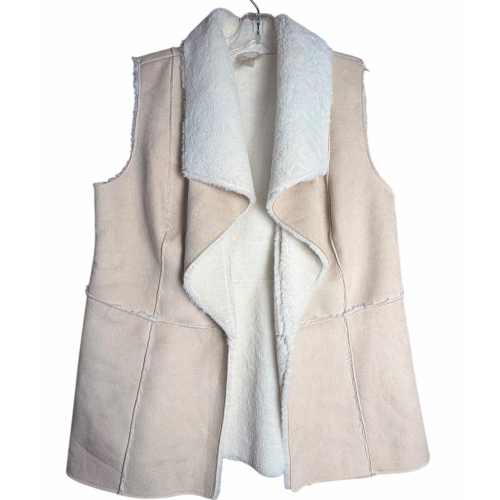 Chico's Faux‎ Suede Faux Fur Lined Open Front Vest Beige Size 1 Bohemian Cozy